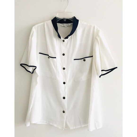 Oscar de la Renta | Vintage Top Womens Size 42 White Button Front Mock Neck - Picture 1 of 11